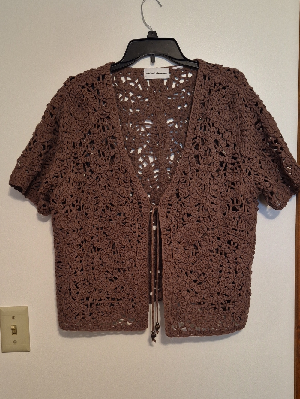 Alfred Dunner Brown Crochet Tie-Front Short Sleeve Cardigan SZ XL